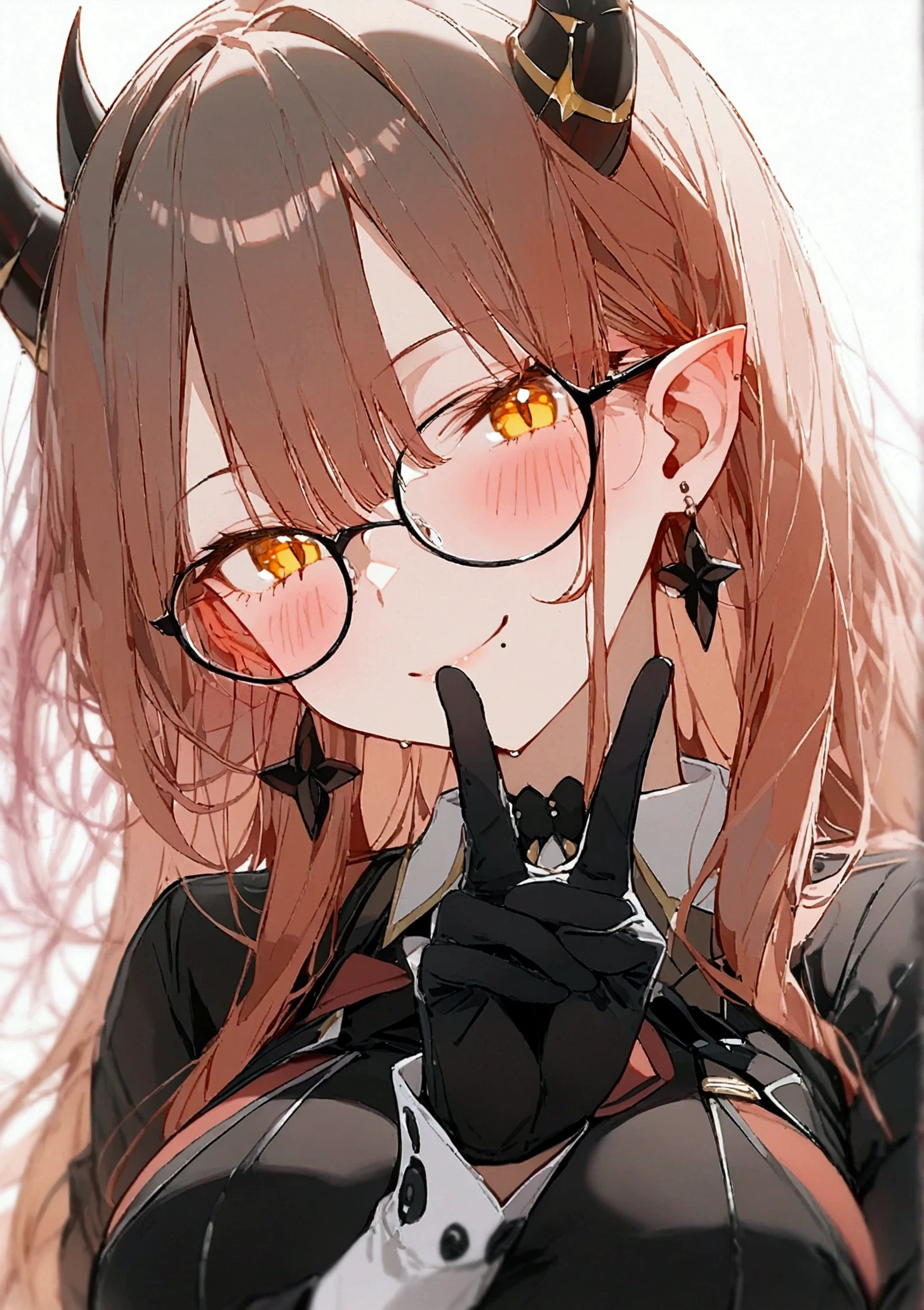 1girl, solo, pointy_ears, horns, gloves, black_gloves, mole_under_mouth, blush, breasts, glasses, jewelry, smile, yellow_eyes, mole, long_hair, earrings, large_breasts, looking_at_viewer, white_background, long_sleeves, demon_horns, upper_body, wrist_cuffs, simple_background, closed_mouth, red_hair, demon_girl, hair_between_eyes, bangs, blurry, v, black_dress