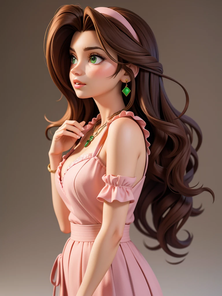  masterpiece ,  best quality, work of 3d rendering, estilo 3dMM, close-up, portrait, 3d, 1woman, Alone,  brown hair , rope necklace,  looking to the side , realistic,  upper body,  simple background , fringe,  looking away ,  long black hair , separated-lips, makeup, long brown curly hair,  green eyes , pink lingerie, neckline, aerith gainsborough, aerith