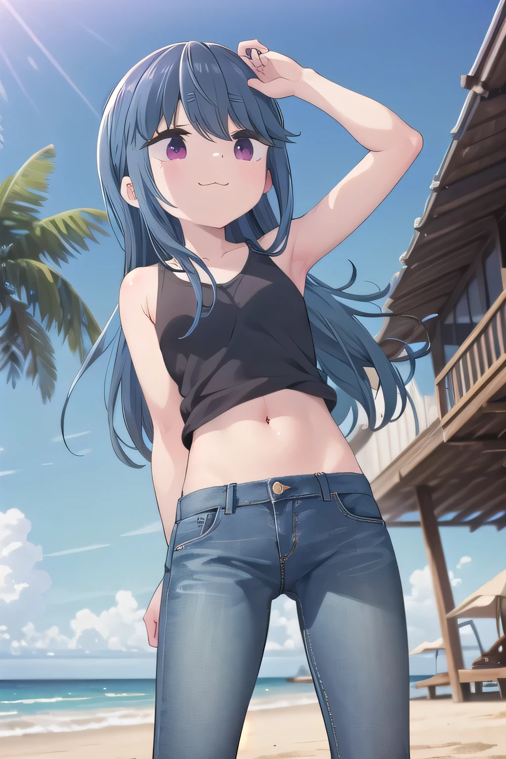 masterpiece,best quality,ultra detail,1girl, 14yo,petite, smile happily,background((under the beach, (day:1.2), under sand beach, bright sky)), {shima_rin_yurucamp:1.15}, long hair, Raise your arms and bring them behind your head, white tank top, white crop top, jeans, blue pants, (flares jeans 1:1), blue jeans, sex pose, (legs spread:3:1), orgasm, from below