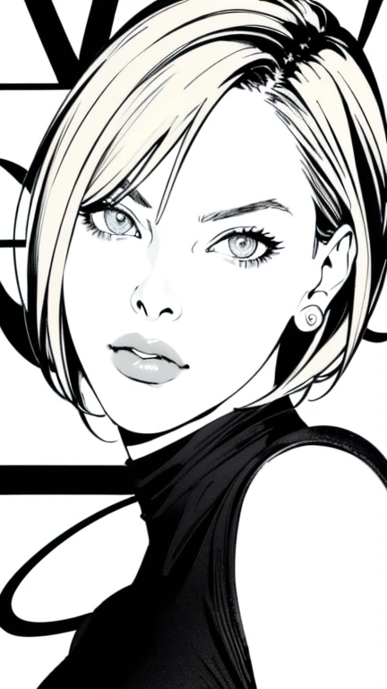 (masterpiece:1.2, Highest quality),8K,wallpaper,(An illustration),(Milla Jovovich),((Monochrome)),Upper body close-up,front,short hair,Wearing a black dress,Perfect Eyes,Detailed face,,Sexy expression,Cool woman,blonde