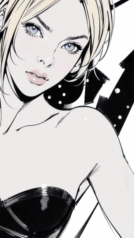 (masterpiece:1.2, Highest quality),8K,wallpaper,(An illustration),(Milla Jovovich),((Monochrome)),Upper body close-up,front,short hair,Wearing a black dress,Perfect Eyes,Detailed face,,Sexy expression,Cool woman,blonde