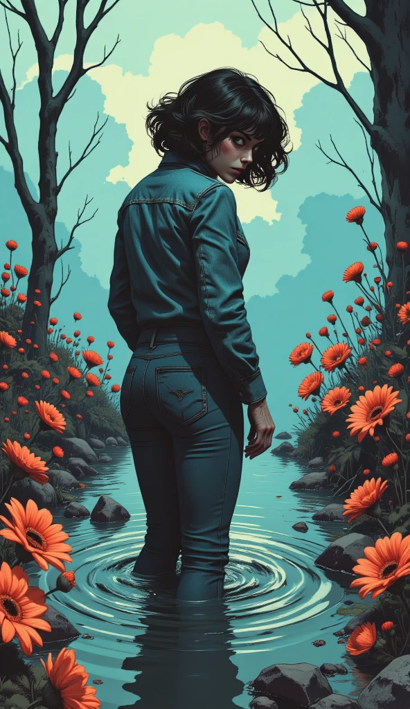 muted vivid colors, 70s abstract poster illustration, mid-aged ritual woman caught in tight denim flared jeans and blouse and denim jacket, turns back, indulging in a shameful fetishes with despair and ecstasy , drowning sinking in a sludge bog, floral patterns, close-up, 