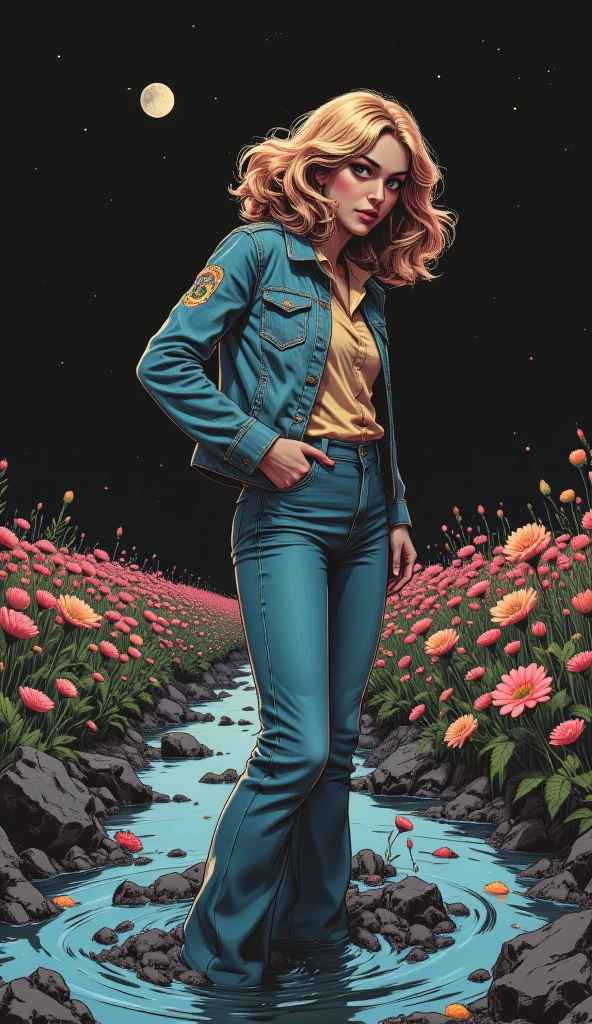 muted vivid colors, 70s abstract poster illustration, mid-aged woman caught in tight denim flared jeans and blouse and denim jacket, turns back, indulging in a shameful fetishes with despair and ecstasy , drowning sinking in a sludge bog, floral patterns, close-up, night sky