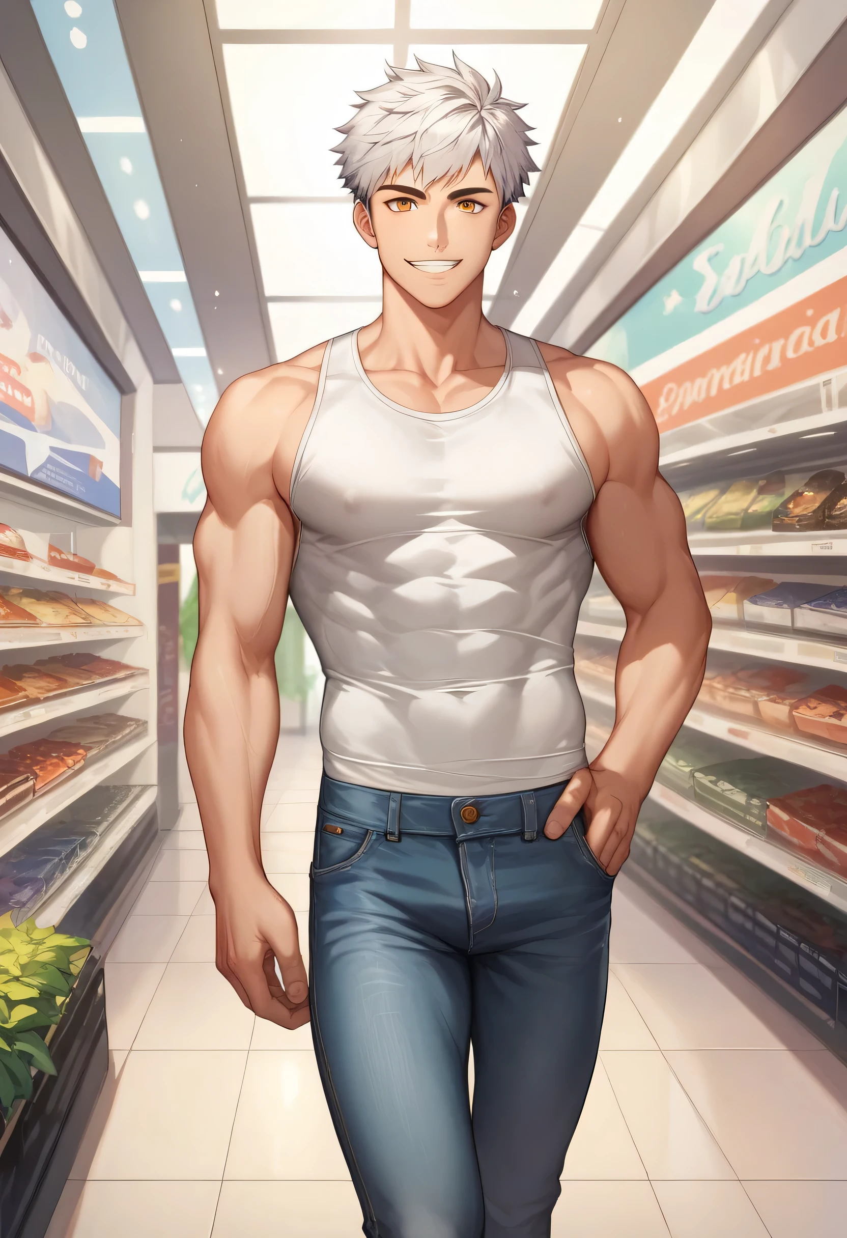 Katsuki Bakugo from Boku No Hero Academia, wearing black gym pants, bodybuilder, defined body, shirtless, abs, big legs, walking on the supermarket, closed fists