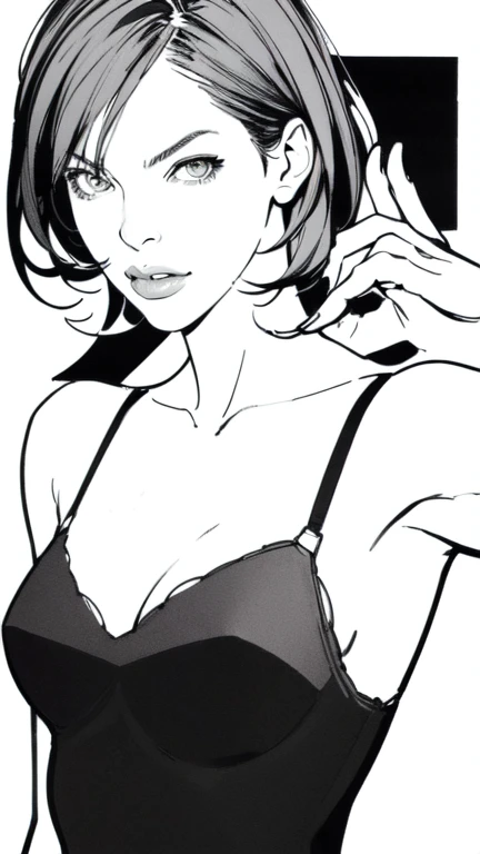 (masterpiece:1.2, Highest quality),8K,wallpaper,(An illustration),(Milla Jovovich),((Monochrome)),torso shot, Upper body close-up,front,short hair,Wearing a black dress,Perfect Eyes,Detailed face,,seductive expression,