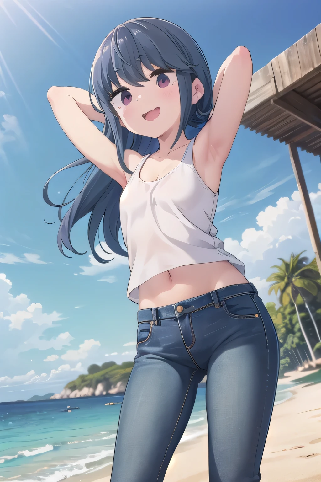 masterpiece,best quality,ultra detail,1girl, 14yo,petite, smile happily,background((under the beach, (day:1.2), under sand beach, bright sky)), {shima_rin_yurucamp:1.15}, long hair, Raise your arms and bring them behind your head, white tank top, white crop top, jeans, blue pants, (flares jeans 1:1), blue jeans, sexy pose, orgasm, from below