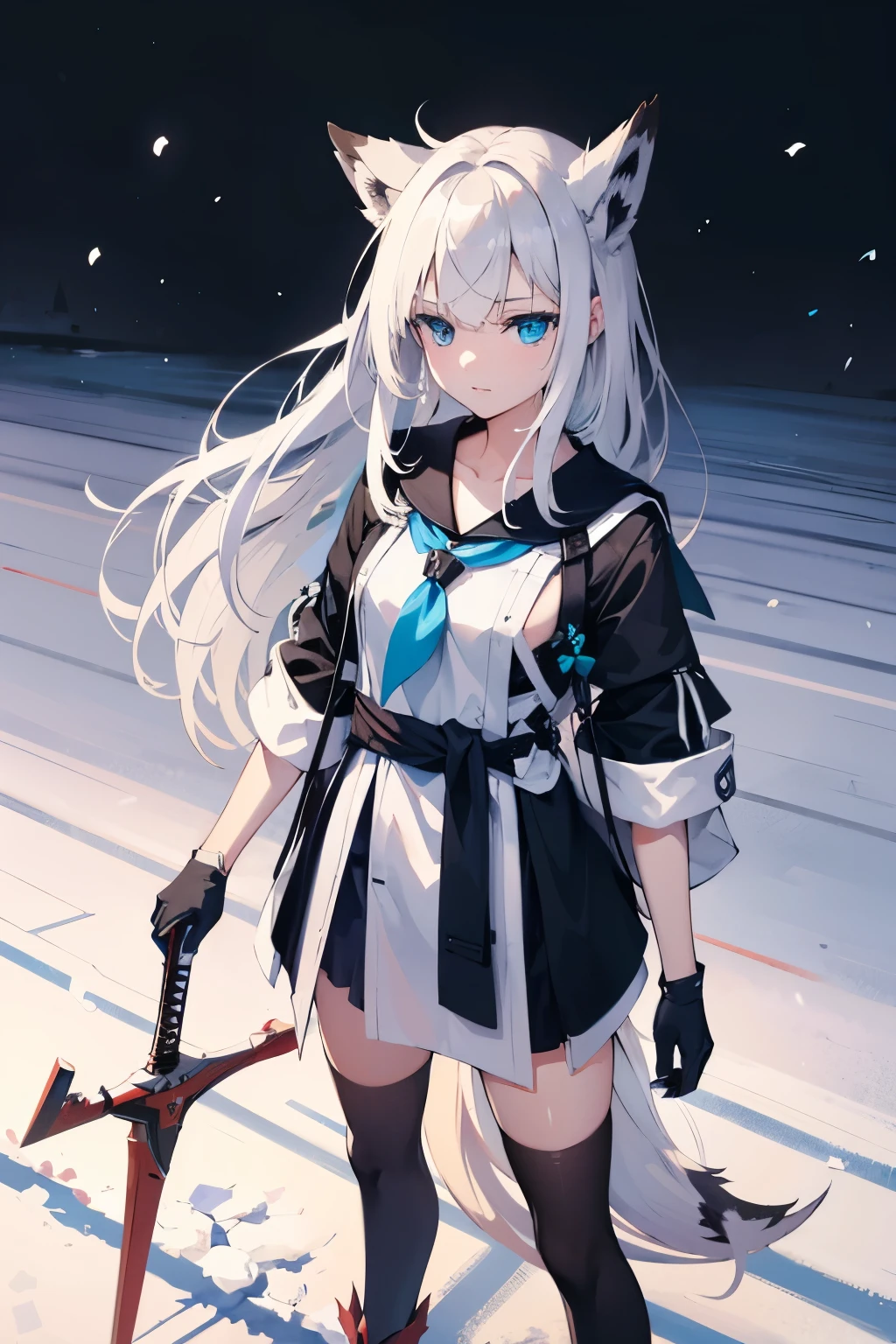 Woman in sailor uniform, 1 girl, solo, kawakaze (Azur Lane), animal ears, knee socks, long white hair, tail, black knee socks, gloves, blue eyes, fox ears, Standing on the snow, Hang the sword on your waist