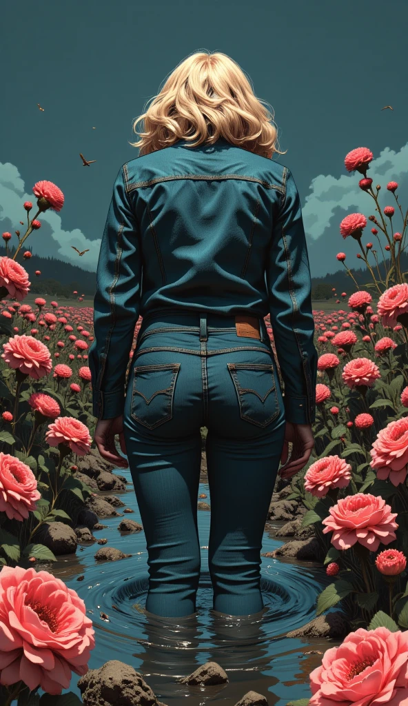 muted vivid colors, 70s abstract poster illustration, mid-aged woman caught in denim jeans and blouse and denim jacket, turns back, indulging in a shameful fetishes with despair and ecstasy , drowning sinking in a sludge bog, floral patterns, close-up, night sky