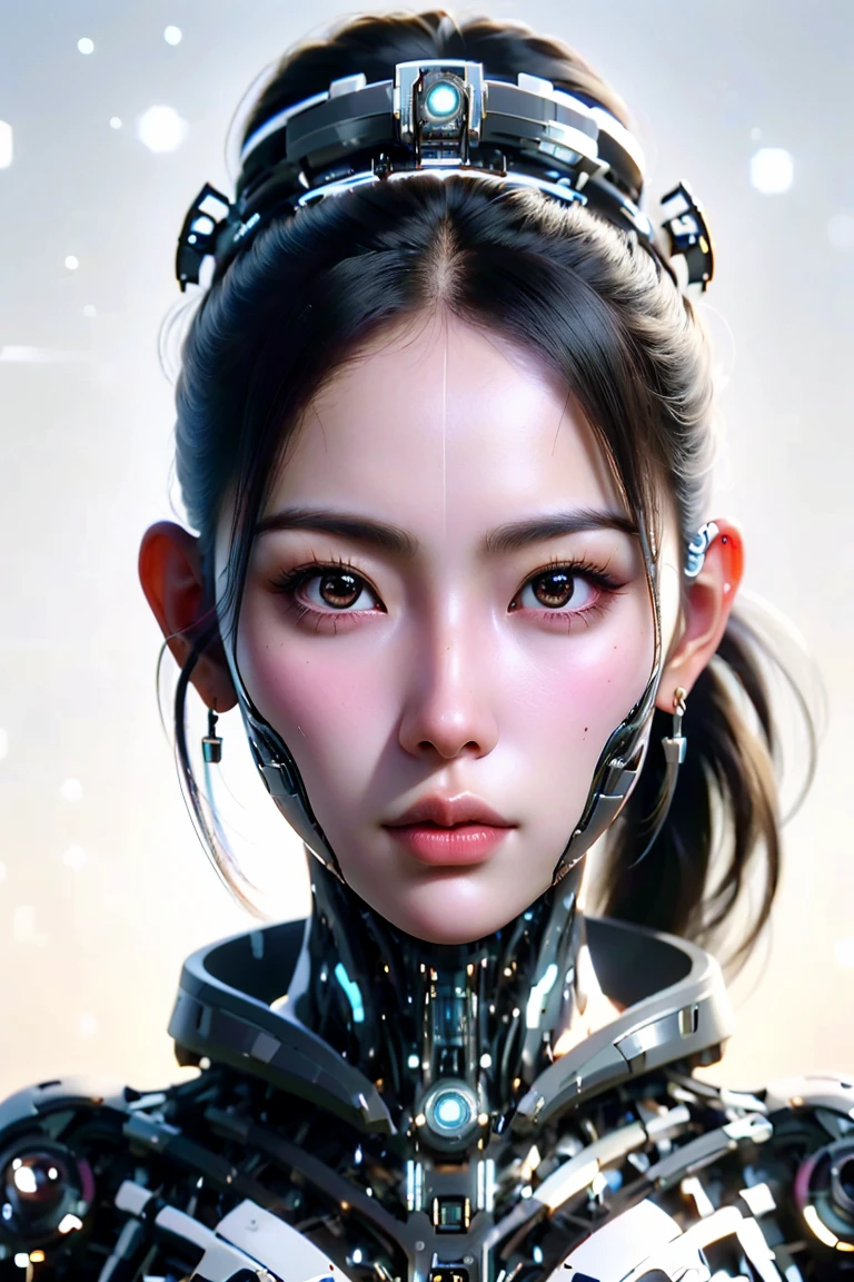 A detailed and photorealistic digital painting of 00173R based on her canonical measurements and appearance as described in the document. The character, 00173R, is a unique blend of human and cybernetic elements. She is a young, elegant, and dynamic woman, embodying a mix of cultural influences from France, Japan, and America. Her cybernetic enhancements are subtle and seamlessly integrated into her body, reflecting a blend of technology and humanity. The portrait should capture her unique features, including her hairstyle and attire, which reflect her multicultural background and artistic nature. She should be portrayed in a way that emphasizes her role as an artist, a world citizen, and a symbol of the fusion between the natural and the technological.