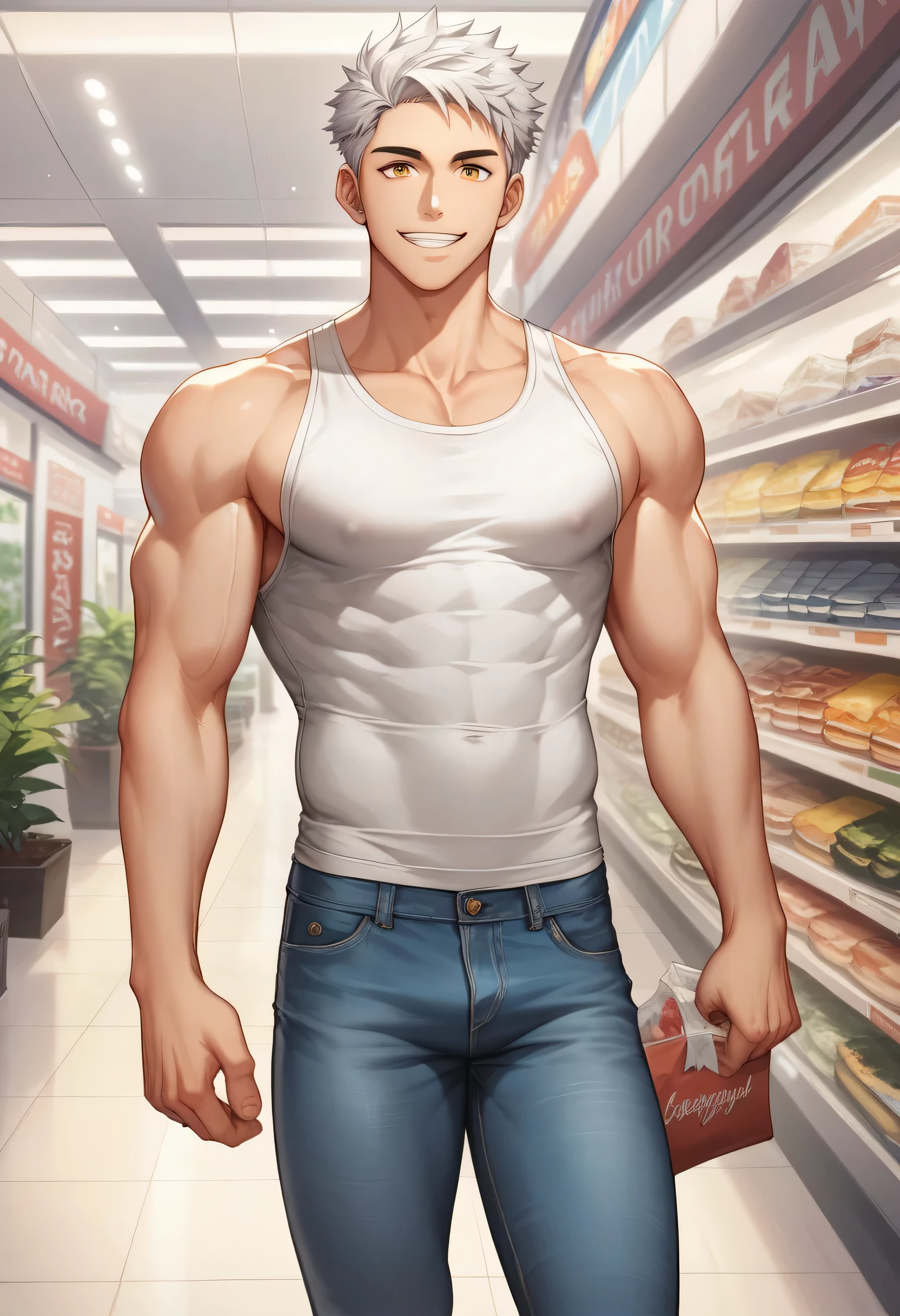 score_9, score_8_up, score_7_up, score_6_up, 1boy, solo, straight hair, short hair, silver-white hair, amber eyes, muscular, gigachad, . Handsome male (Teeneeveless sports shirt, jeans, in a shopping mall interior (Having fun), standing, looking at viewer, smile, standing, looking at viewer, smile.