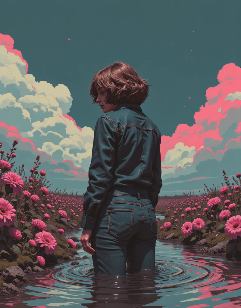 muted vivid colors, 70s abstract poster illustration, mid-aged woman caught in jeans and blouse and dark washed denim jacket, turns back, indulging in a shameful fetishes with despair and ecstasy , drowning sinking in a sludge bog, floral patterns, close-up, night sky