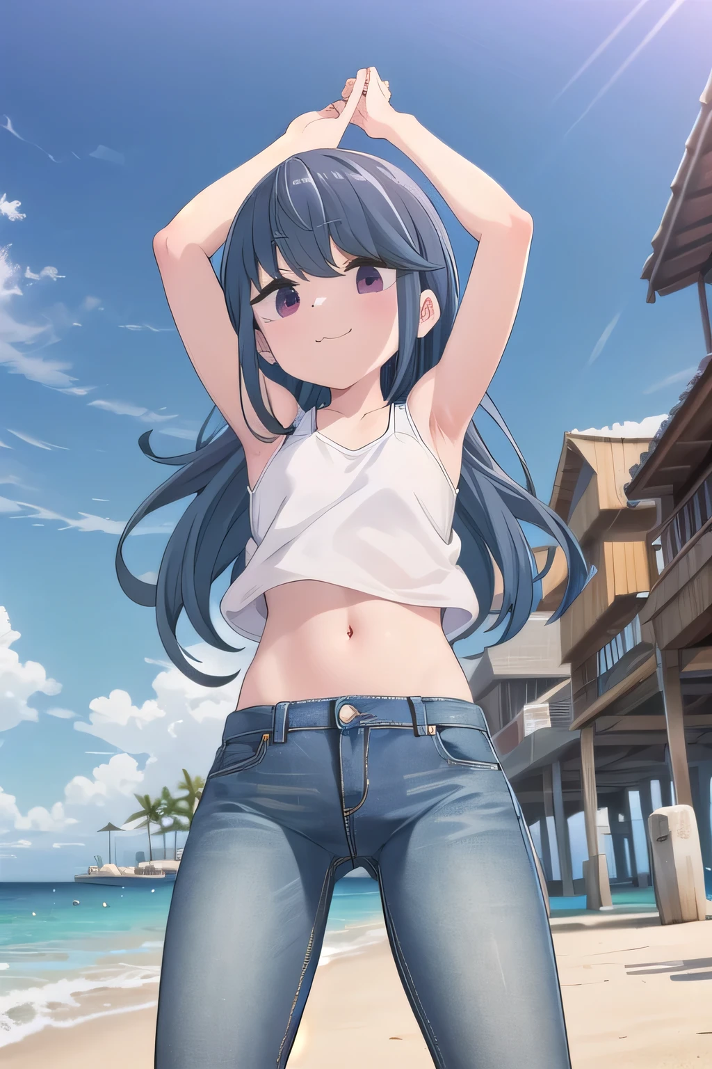 masterpiece,best quality,ultra detail,1girl, 14yo,petite, smile happily,background((under the beach, (day:1.2), under sand beach, bright sky)), {shima_rin_yurucamp:1.15}, long hair, Raise your arms and behind your head, white tank top, white crop top, jeans, blue pants, (flares jeans 1:1), blue jeans, sex pose, (legs spread:3:1), orgasm, from below