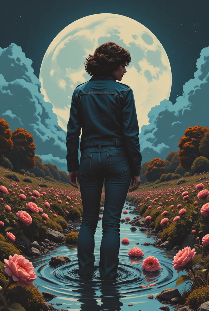 muted vivid colors, 70s abstract poster illustration, mid-aged woman caught in jeans and blouse and dark washed denim jacket, turns back, indulging in a shameful fetishes with despair and ecstasy , drowning sinking in a sludge bog, floral patterns, close-up, night sky