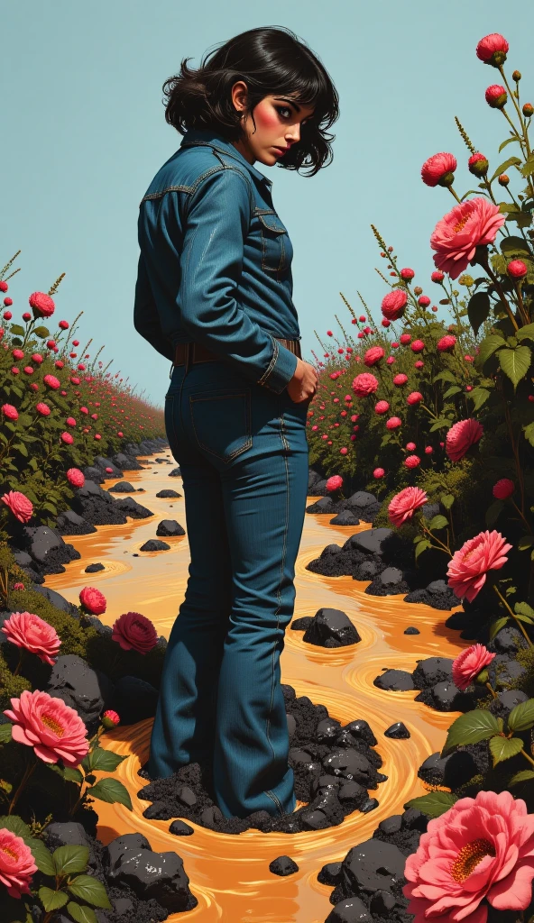 muted vivid colors, 70s abstract poster illustration, artistic, mid-aged woman caught in tight denim flared jeans and blouse and denim jacket, turns back, indulging in a shameful fetishes with despair and ecstasy , drowning sinking in a sludge bog, floral patterns, close-up, 