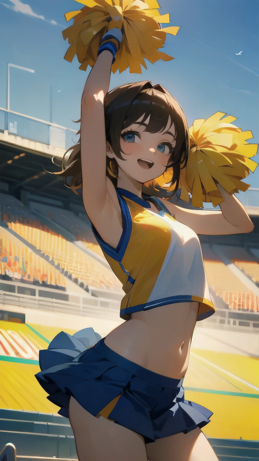 masterpiece, top-quality, Detailed details, Detailed landscapes, beatiful lights, one girls,22year old,smirking,Glistening sweat,open one's legs,detailed skin textures,((cheerleaders))、stadio、(blue-sky)、llight rays、(a miniskirt),High contrast,super low angle