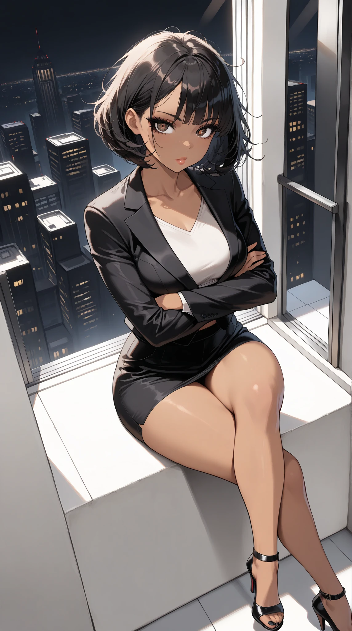 8k, (masterpiece), best quality, perfect face,perfect body, 1 woman, 1female, solo,detailed skin, tan skin, 1girl, solo, black hair, bangs,curvy, (brown eyes), ringed eyes, (crop top suit vest), suit, heels, black hair, bob cut, curly hair, messy hair, side bangs, medium breasts, dark-skinned female, dark skin,  badass, beautiful face, black eyeliner, lips, , black toes nailed, dynamic angle , long eyelashes, bare legs, collarbone, , (highest quality:1.2, Very detailed, Latest, Vibrant, Ultra-high resolution, High Contrast, masterpiece:1.2, highest quality, Best aesthetics), council, meeting, black suit, crossed legs, sit, window with night city, crossed arms, she is thinking, 