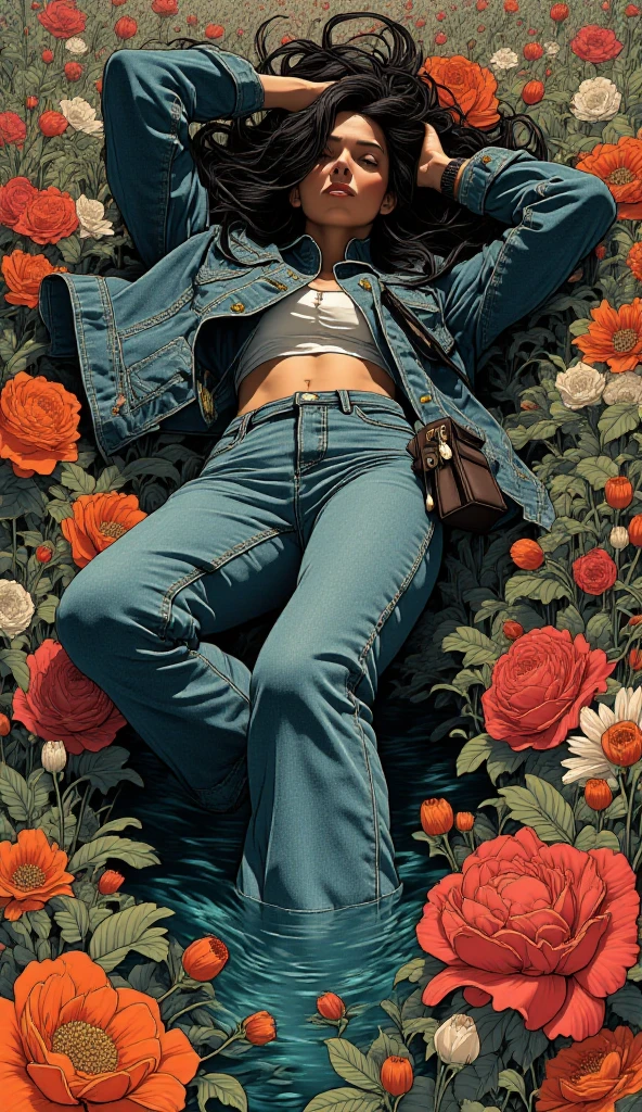 muted vivid colors, 70s abstract poster illustration, artistic, mid-aged ritual woman caught in tight denim flared jeans and blouse and denim jacket, turns back, indulging in a shameful fetishes with despair and ecstasy , drowning sinking in a sludge bog, ethnic floral patterns, close-up, 