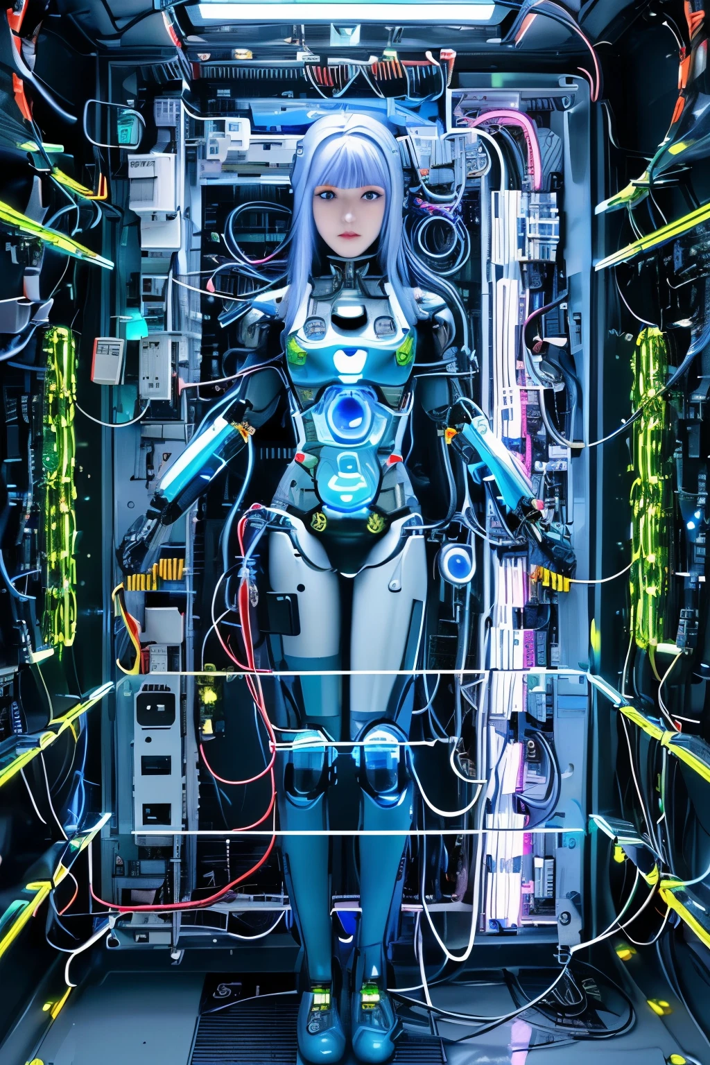 8K,RAW Photos,Highest quality,masterpiece,Realistic、Realistic,woman,(非常に美しいwoman),Android,cyborg,Age 20,Glamour,whole body ,see through body,Transparent glass machine body,Electronic systems in the body,See inside the body,Connection line,whole bodyに光るチューブ,Connected glowing wires,Transparent mechanical body,Wet body,Gray long hair,wet hair,messy hair,double eyelid,Big eyes,Glowing LED lamp,35mm camera,Neon Light,8th life,