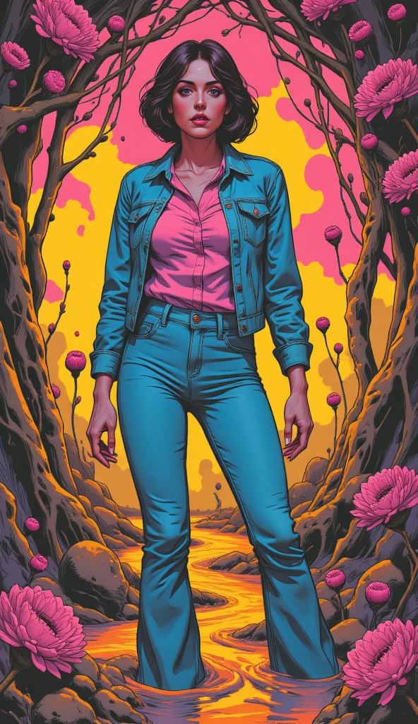 muted vivid colors, 70s abstract poster illustration, mid-aged ritual woman caught in tight denim flared jeans and blouse and denim jacket, turns back, indulging in a shameful fetishes with despair and ecstasy , drowning sinking in a sludge bog, floral patterns, close-up, bob-cut