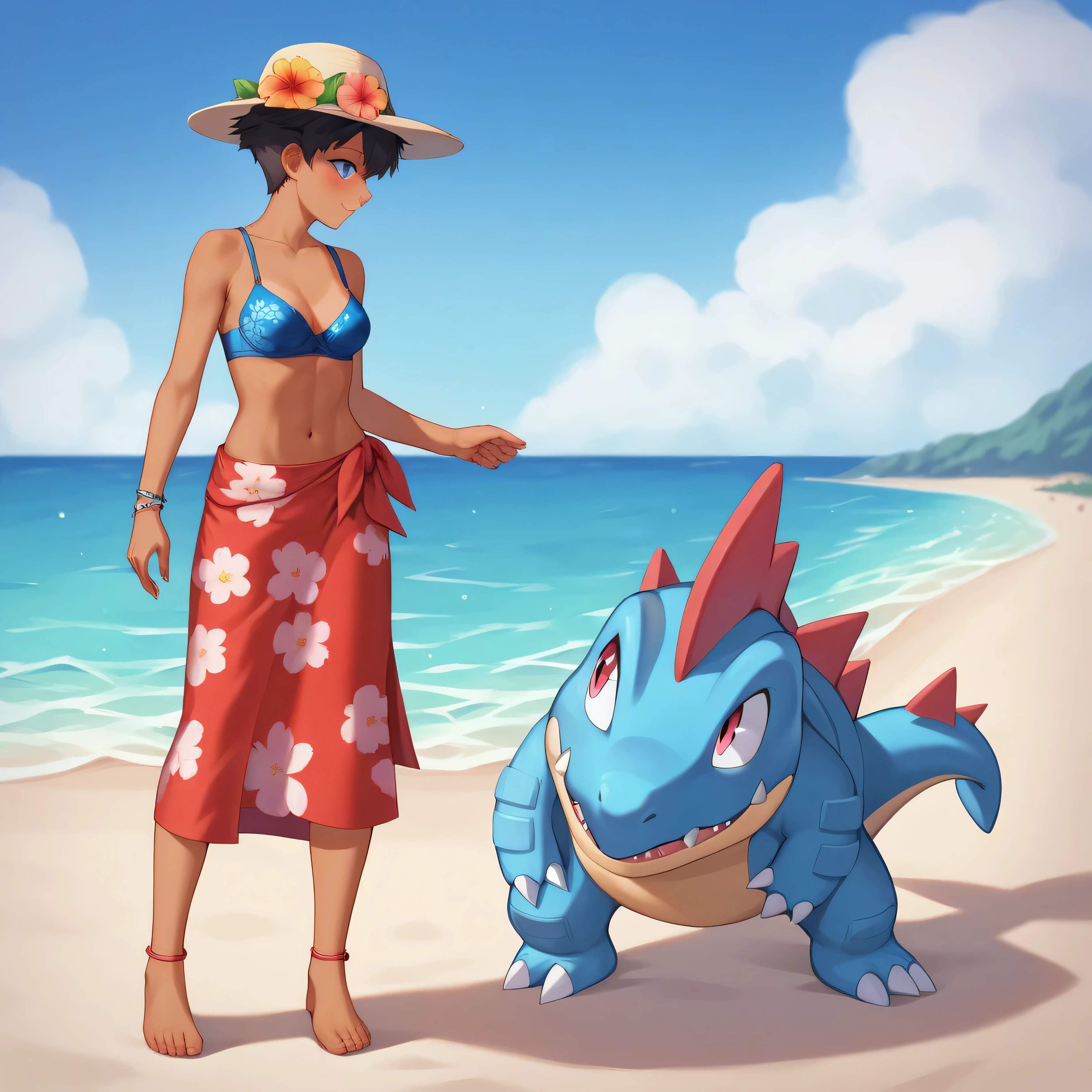 masterpiece:1.2, best quality, (highly detailed), score_9, score_8_up, score_7_up, full body shot, 1girl, 1boy, 1pokemon, couple, feraligatr, feral, phoebe, slender female, shorter female, short spiky black hair, bare feet, tan skin, blue eyes, red and white Hawaiian cornflower headwear, blue two-piece sarong, dress, blue strapless bra, red ankle bracelet on left leg, at beach, shallow water, stilted huts,