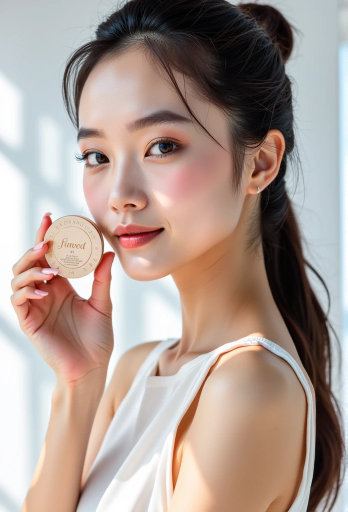 A professional beauty product advertisement featuring a model with elegant makeup, holding a compact powder case in her hand. The model has clear, glowing skin and a minimalist style, dressed in a sleeveless white top. The setting is a clean, white studio with soft lighting to create a natural and sophisticated look. The product label on the compact powder case is clearly visible, and the composition emphasizes the product and the model’s natural beauty.