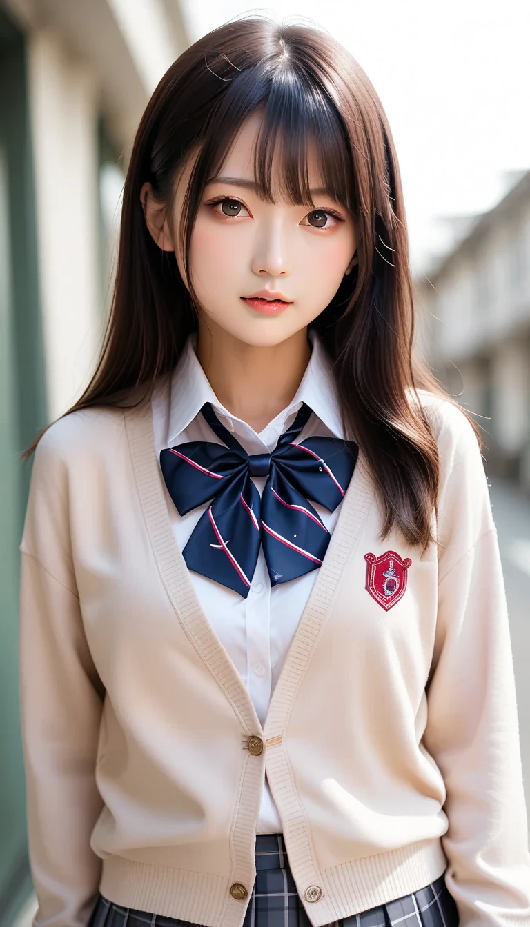  score_9, score_8_up, score_7_up, source_photograph,  realistic ,photograph,( sharp concentration),(backlit photograph:1.4),Dramatic Shadows,Raw lighting, dynamic angle, break Japanese girl,  dark eyes,( small eyes :1.1),  slender round face , ( school uniform), ( outer is a light beige cardigan :1.2), (Wrist Sleeves :1), (  inner is a white collar shirt :1.2), ( red string neck bow :1.1), break ( bottoms are black and gray plaid skirt:1.2),( pleated skirt,  Mini Skirt:1.2), Outdoor,upper_body , Female Teacher、actress、Idol、White beautiful skin、