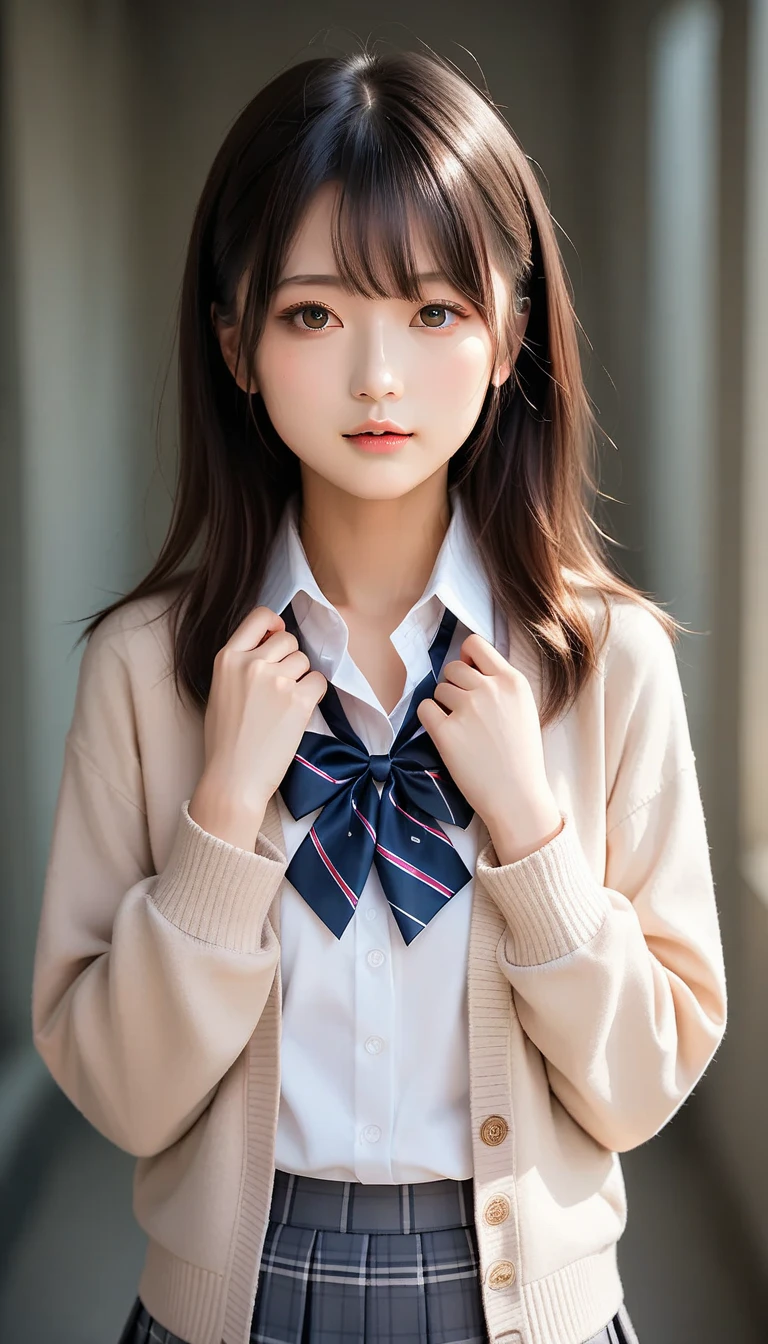  score_9, score_8_up, score_7_up, source_photograph,  realistic ,photograph,( sharp concentration),(backlit photograph:1.4),Dramatic Shadows,Raw lighting, dynamic angle, break Japanese girl,  dark eyes,( small eyes :1.1),  slender round face , ( school uniform), ( outer is a light beige cardigan :1.2), (Wrist Sleeves :1), (  inner is a white collar shirt :1.2), ( red string neck bow :1.1), break ( bottoms are black and gray plaid skirt:1.2),( pleated skirt,  Mini Skirt:1.2), Outdoor,upper_body , Female Teacher、actress、Idol、White beautiful skin、