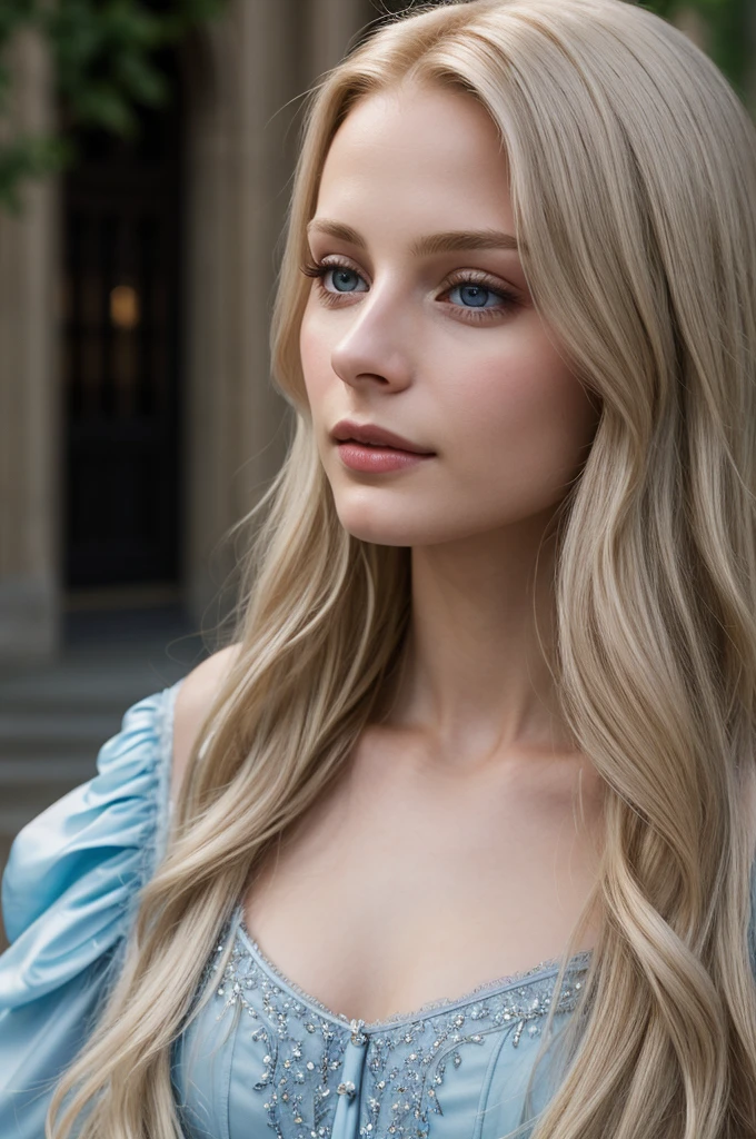 Blonde girl with tiara, Castle Background, Luxury dress, Neck accessories