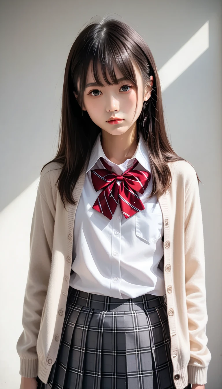  score_9, score_8_up, score_7_up, source_photograph,  realistic ,photograph,( sharp concentration),(backlit photograph:1.4),Dramatic Shadows,Raw lighting, dynamic angle, break Japanese girl,  dark eyes,( small eyes :1.1),  slender round face , ( school uniform), ( outer is a light beige cardigan :1.2), (Wrist Sleeves :1), (  inner is a white collar shirt :1.2), ( red string neck bow :1.1), break ( bottoms are black and gray plaid skirt:1.2),( pleated skirt,  Mini Skirt:1.2), Outdoor,upper_body , Female Teacher、actress、Idol、White beautiful skin、