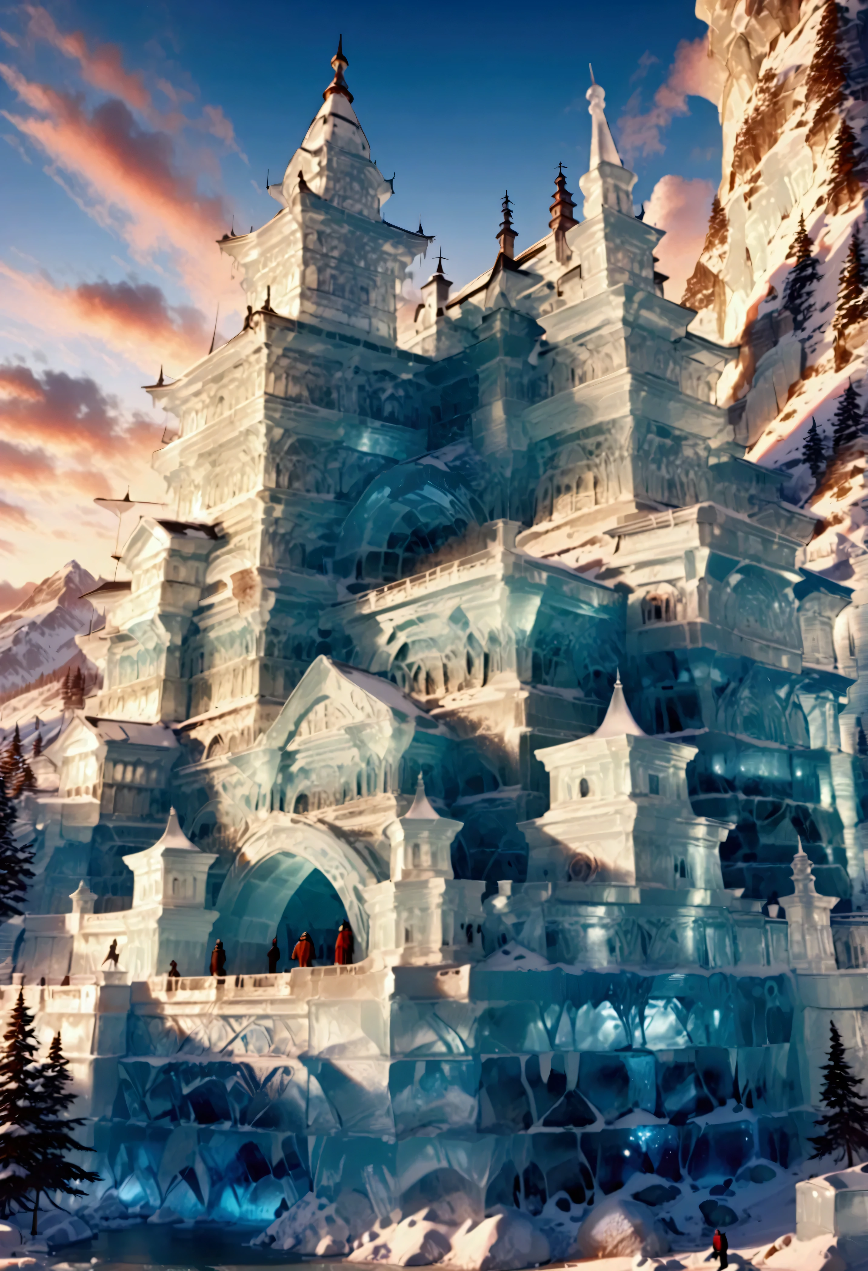 a panoramic award winning photography, Photorealistic, extremely detailed of a castle (made from ice: 1.3) standing on the peak of a snowy mountain, an impressive best detailed castle made from ice (Photorealistic, extremely detailed), with towers, bridges, a moat, standing on top of a snowy mountain (masterpiece, extremely detailed, best quality), with pine trees, sunset light, some clouds in the air,  alpine mountain range background, best realistic, best details, best quality, 16k, [ultra detailed], masterpiece, best quality, (extremely detailed), ultra wide shot, photorealism, depth of field, made of icecarvingcd_xl
