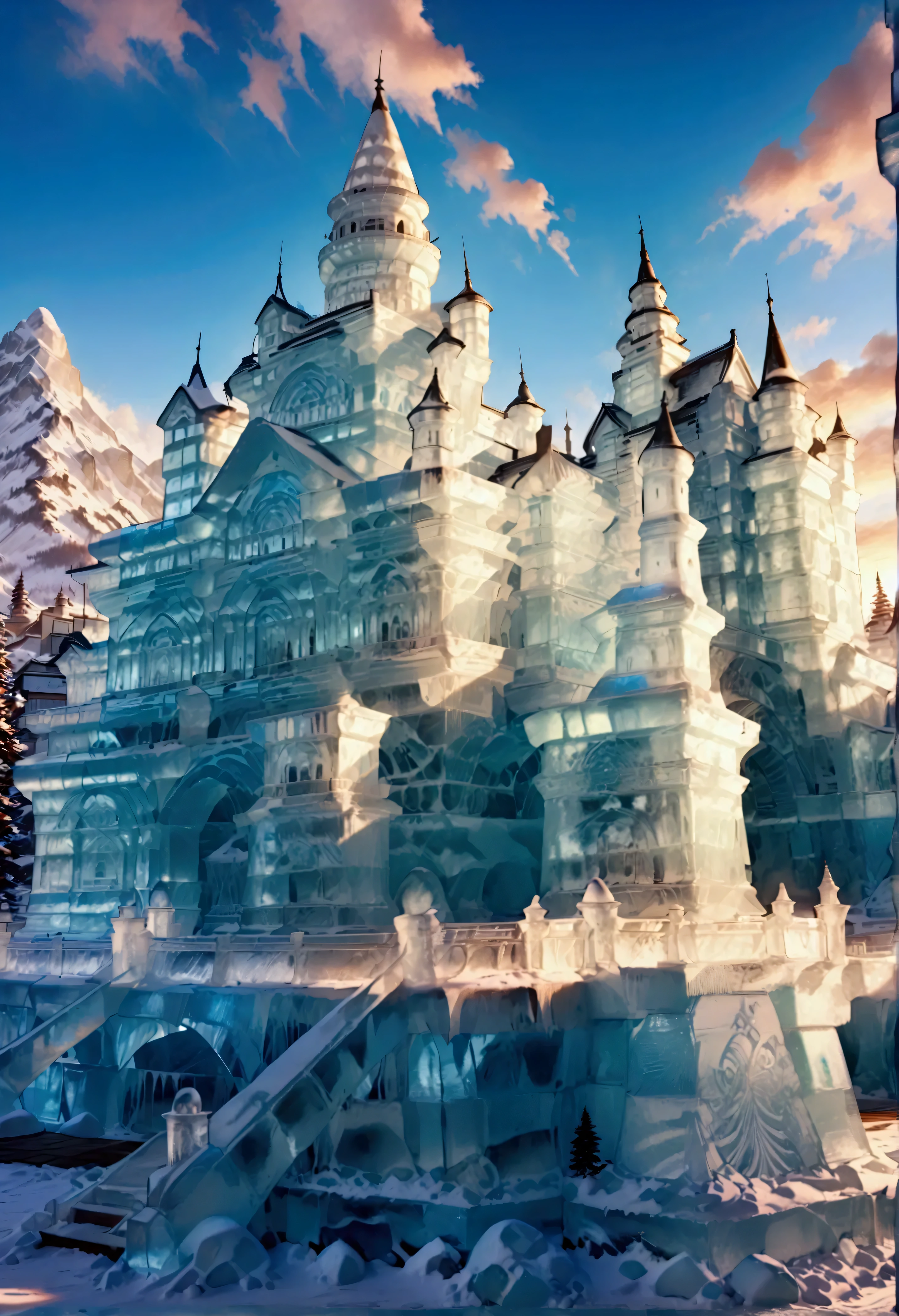 a panoramic award winning photography, Photorealistic, extremely detailed of a castle (made from ice: 1.3) standing on the peak of a snowy mountain, an impressive best detailed castle made from ice (Photorealistic, extremely detailed), with towers, bridges, a moat, standing on top of a snowy mountain (masterpiece, extremely detailed, best quality), with pine trees, sunset light, some clouds in the air,  alpine mountain range background, best realistic, best details, best quality, 16k, [ultra detailed], masterpiece, best quality, (extremely detailed), ultra wide shot, photorealism, depth of field, made of icecarvingcd_xl
