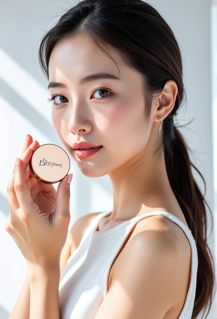 A professional beauty product advertisement featuring a model with elegant makeup, holding a compact powder case in her hand. The model has clear, glowing skin and a minimalist style, dressed in a sleeveless white top. The setting is a clean, white studio with soft lighting to create a natural and sophisticated look. The product label on the compact powder case is clearly visible, and the composition emphasizes the product and the model’s natural beauty.