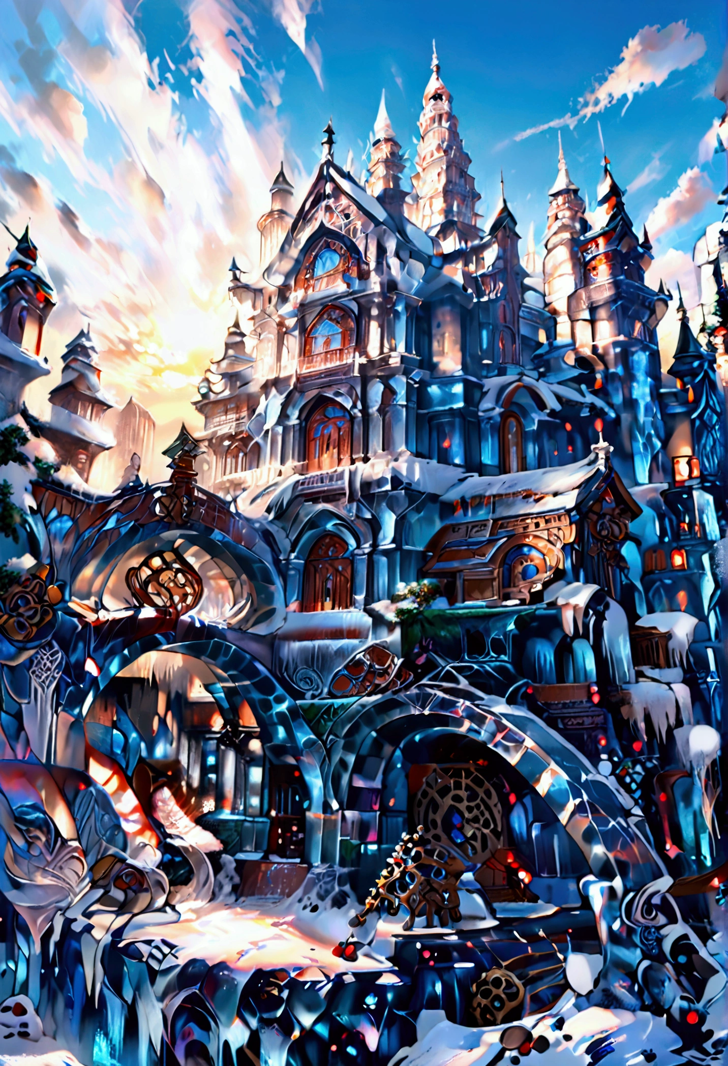 a panoramic award winning photography, Photorealistic, extremely detailed of a castle (made from ice: 1.3) standing on the peak of a snowy mountain, an impressive best detailed castle made from ice (Photorealistic, extremely detailed), with towers, bridges, a moat, standing on top of a snowy mountain (masterpiece, extremely detailed, best quality), with pine trees, sunset light, some clouds in the air,  alpine mountain range background, best realistic, best details, best quality, 16k, [ultra detailed], masterpiece, best quality, (extremely detailed), ultra wide shot, photorealism, depth of field, made of icecarvingcd_xl
