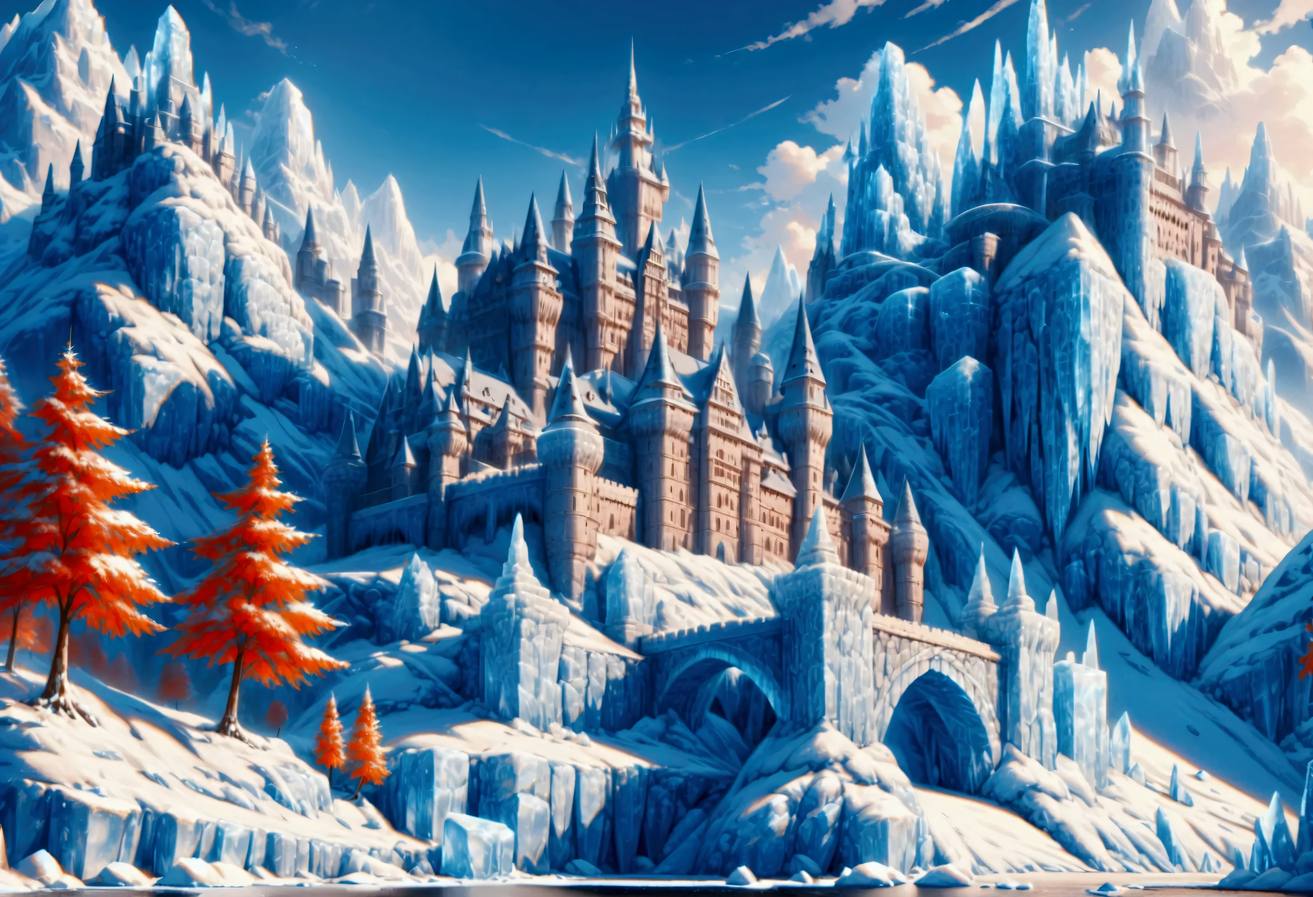 a panoramic award winning photography, Photorealistic, extremely detailed of a castle (made from ice: 1.3) standing on the peak of a snowy mountain, an impressive best detailed castle made from ice (Photorealistic, extremely detailed), with towers, bridges, a moat, standing on top of a snowy mountain (masterpiece, extremely detailed, best quality), with red trees, orange trees, sunset light, some clouds in the air,  alpine mountain range background, best realistic, best details, best quality, 16k, [ultra detailed], masterpiece, best quality, (extremely detailed), ultra wide shot, photorealism, depth of field, made of ais-icebaby, FlshfrGR
