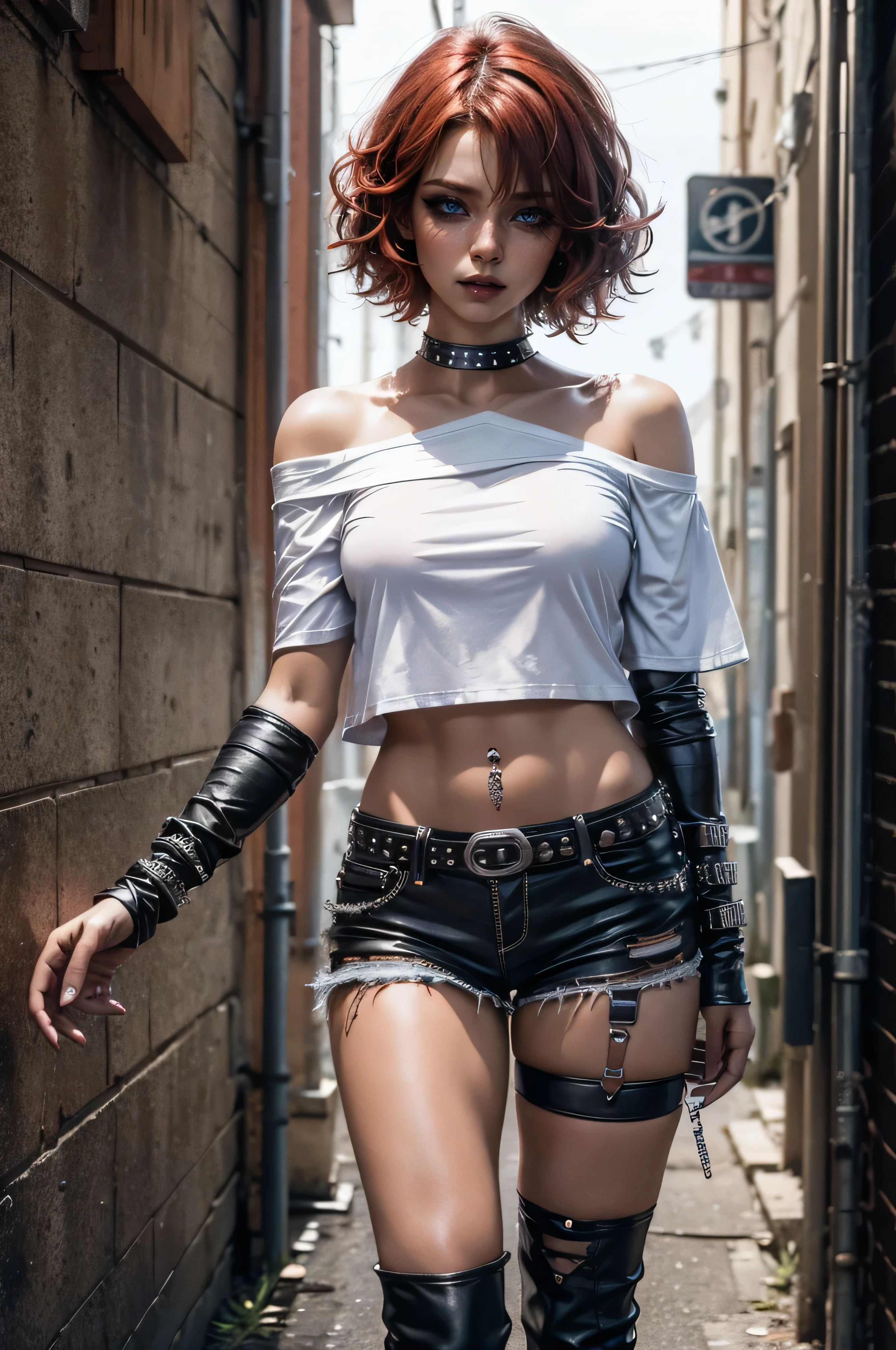 lora_Emma,a beautiful young woman with curly short red hair,attractive woman with punk outfit,(((off the shoulder white t-shirt))),ripped jeans shorts,(multiple studded belts),((navel piercing)),heavy dark makeup,intense eyeliner, dark eyeshadow,studded leather collar,(ripped nylon stockings),(studded leather boots with a high heel),((long leather arm sleeves with studs and zipper)),detailed face,detailed eyes and lips,realistic,photorealistic,high quality,8k,masterpiece,vivid colors,dramatic lighting,cinematic