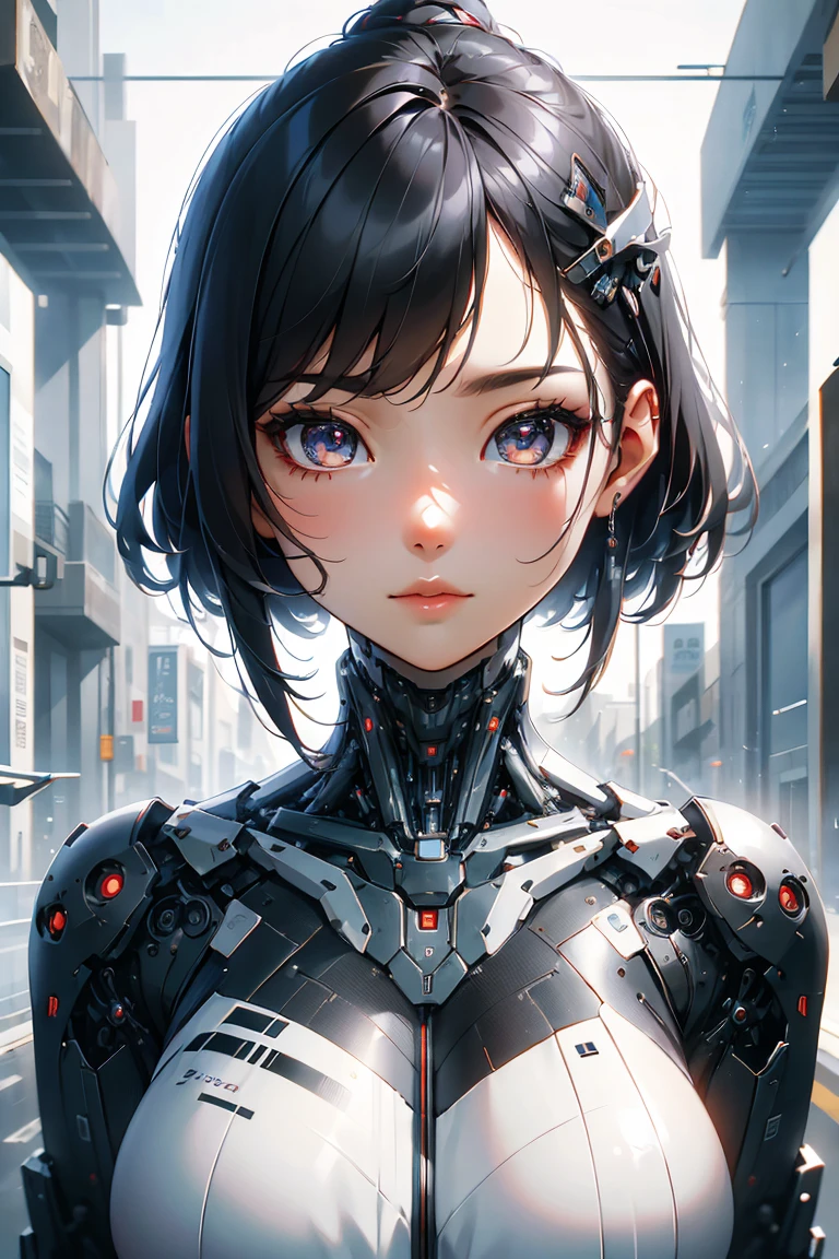 A detailed and photorealistic digital painting of 00173R based on her canonical measurements and appearance as described in the document. The character, 00173R, is a unique blend of human and cybernetic elements. She is a young, elegant, and dynamic woman, embodying a mix of cultural influences from France, Japan, and America. Her cybernetic enhancements are subtle and seamlessly integrated into her body, reflecting a blend of technology and humanity. The portrait should capture her unique features, including her hairstyle and attire, which reflect her multicultural background and artistic nature. She should be portrayed in a way that emphasizes her role as an artist, a world citizen, and a symbol of the fusion between the natural and the technological.