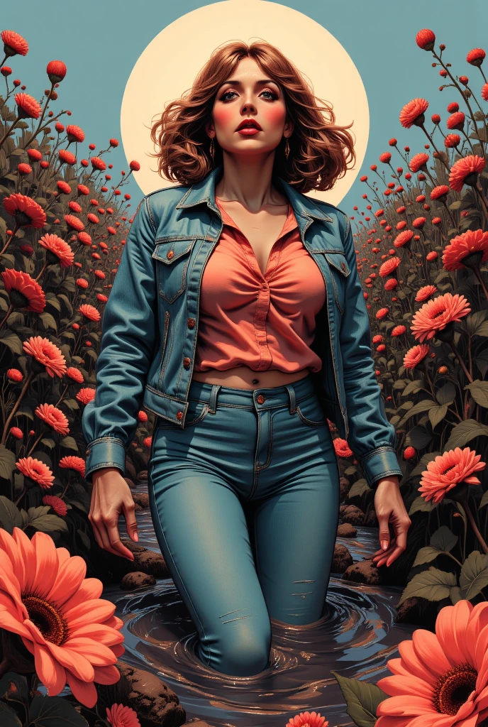 vector illustration, 70s poster, artistic, clear sharp edges, mid-aged woman caught in tight denim flared jeans and blouse and denim jacket, turns back, indulging in a shameful fetishes with despair and ecstasy , drowning sinking in a sludge bog, ethnic floral patterns, close-up,