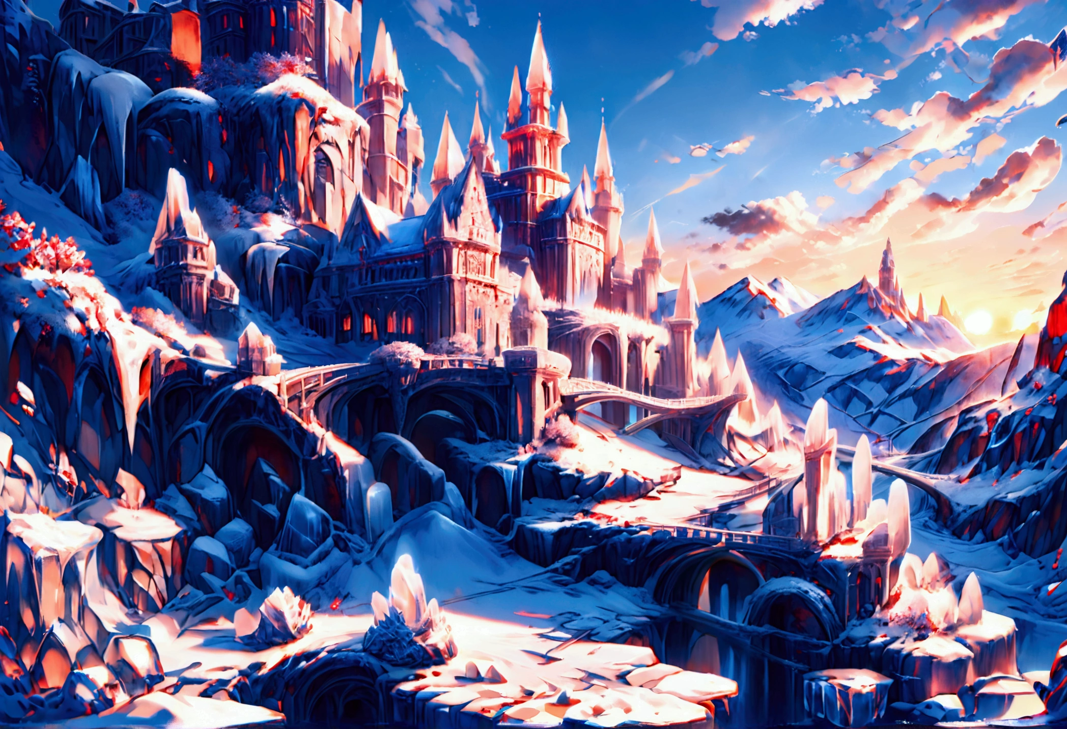 a panoramic award winning photography, Photorealistic, extremely detailed of a castle (made from ice: 1.3) standing on the peak of a snowy mountain, an impressive best detailed castle made from ice (Photorealistic, extremely detailed), with towers, bridges, a moat, standing on top of a snowy mountain (masterpiece, extremely detailed, best quality), with red trees, orange trees, sunset light, some clouds in the air,  alpine mountain range background, best realistic, best details, best quality, 16k, [ultra detailed], masterpiece, best quality, (extremely detailed), ultra wide shot, photorealism, depth of field, made of ais-icebaby, FlshfrGR
