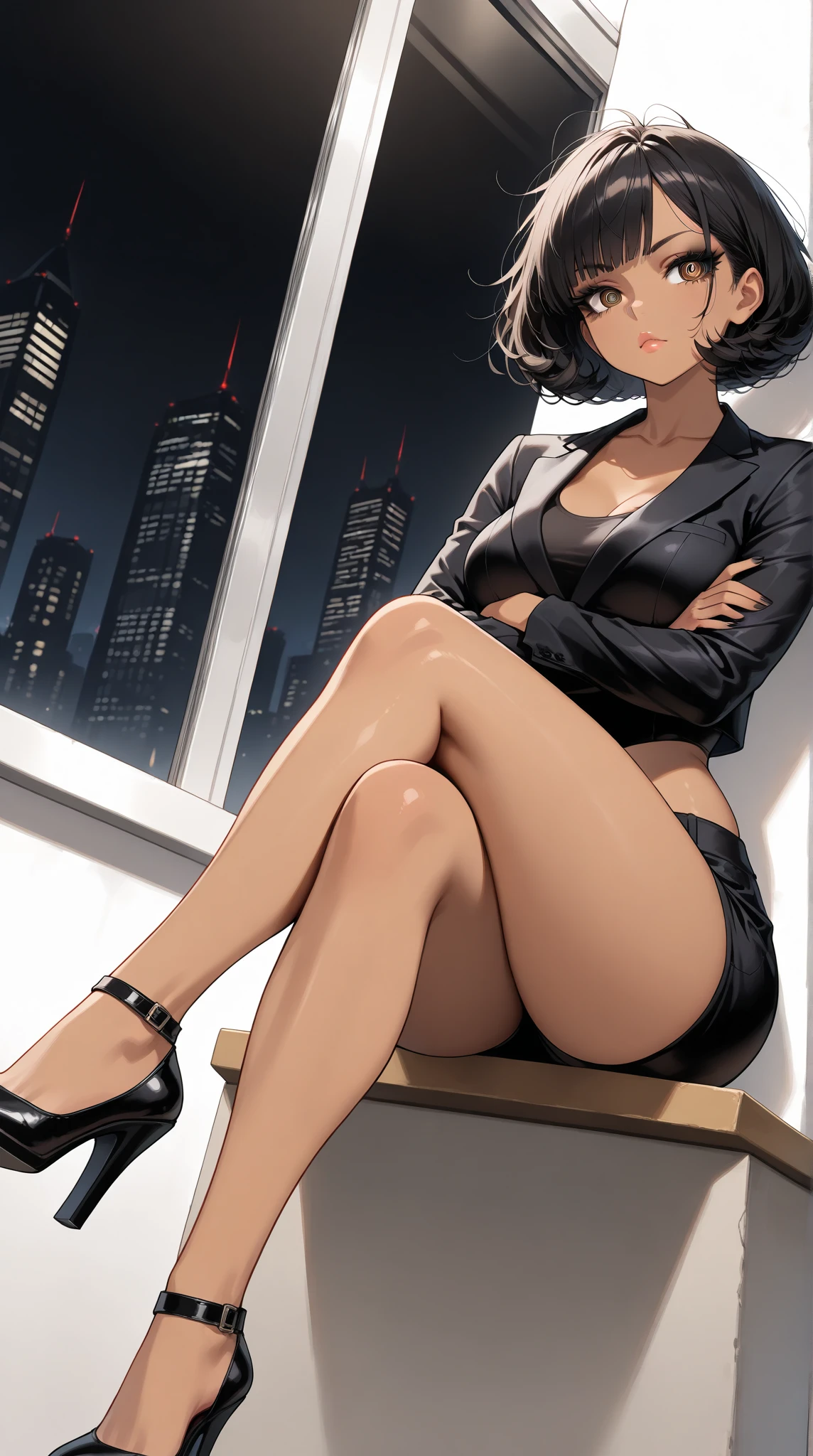 8k, (masterpiece), best quality, perfect face,perfect body, 1 woman, 1female, solo,detailed skin, tan skin, 1girl, solo, black hair, bangs,curvy, (brown eyes), ringed eyes, (crop top suit vest), suit, pants, heels, black hair, bob cut, curly hair, messy hair, side bangs, medium breasts, dark-skinned female, dark skin,  badass, beautiful face, black eyeliner, lips, , black toes nailed, dynamic angle , long eyelashes, bare legs, collarbone, , (highest quality:1.2, Very detailed, Latest, Vibrant, Ultra-high resolution, High Contrast, masterpiece:1.2, highest quality, Best aesthetics), council, meeting, black suit, crossed legs, sit, window with night city, crossed arms, she is thinking, 