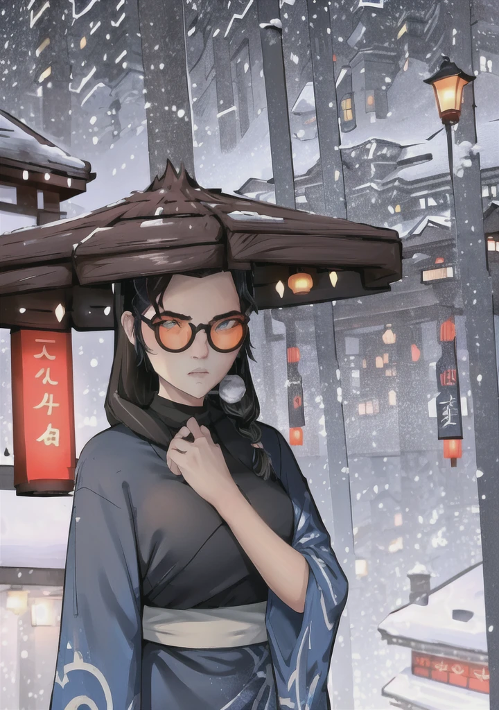 1girl, mizuOC (sitting:1.2),  ,very angry, (1girl, blue eyes, black hair, japanese clothes, blue kimono:1.2) looking at viewer, (orange glasses, chinese hat:1.2), from below, 
(detailed landscape, japanese temple, night, winter, snow, tree:1.2),(cowboy shot:1.2), (dynamic pose:1.2), (dark atmosphere, wind),
(masterpiece:1.2), (best quality, highest quality), (ultra detailed), (8k, 4k, intricate), (50mm),
  