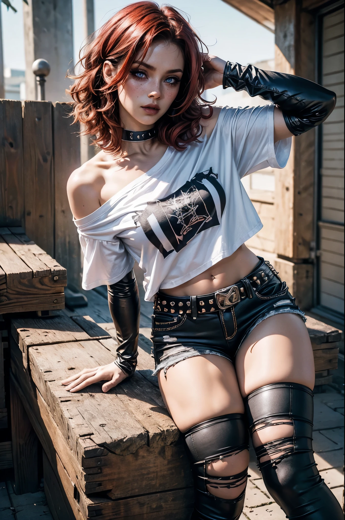 lora_Emma,a beautiful young woman with curly short red hair,attractive woman with punk outfit,(((off the shoulder white t-shirt))),ripped jeans shorts,(multiple studded belts),((navel piercing)),heavy dark makeup,intense eyeliner, dark eyeshadow,studded leather collar,(ripped nylon stockings),(studded leather boots with a high heel),((long leather arm sleeves with studs and zipper)),detailed face,detailed eyes and lips,realistic,photorealistic,high quality,8k,masterpiece,vivid colors,dramatic lighting,cinematic