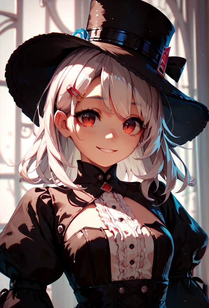 room,[ idol costume ,  Masterpiece  , top quality, white hair, red eyes, white shirt,(Black dress hat),( hair clip:1.3),(Small Mouthpiece :1.3),smile, high definition ,4K,black detachable sleeves,  upper body,