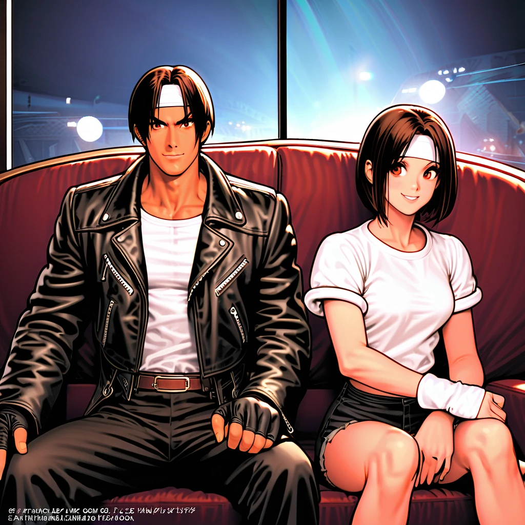  Masterpiece  ,  super high resolution ,  Perfect Anatomy , (Faithfulness: 1.4), smile, Short-haired boy, 2 Male and female and girl,  dark haired,  shortcuts,  dark skin tone , red eyes, Male and female (( black leather jacket roll up sleeve)), Fingerless gloves,  dark haired,  shortcuts White T-shirt, ((white headband)),  black pants,  white shoes , Brown belt, Men and women ,  couple and short haired daughter , cute Parents and  smile daughter,  cowboy shooting,  movie lights, Parents and  , Adorable, (nsfw:1.2)( living room), ({{x}} Play )( sitting )
