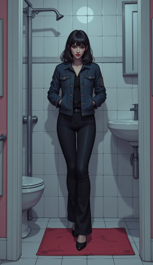 Simple illustration, sexual act with herself,  upper and skinny flared jeans,  in the toilet,  , red lips, bang neckline ,  heels, dark washed denim jacket