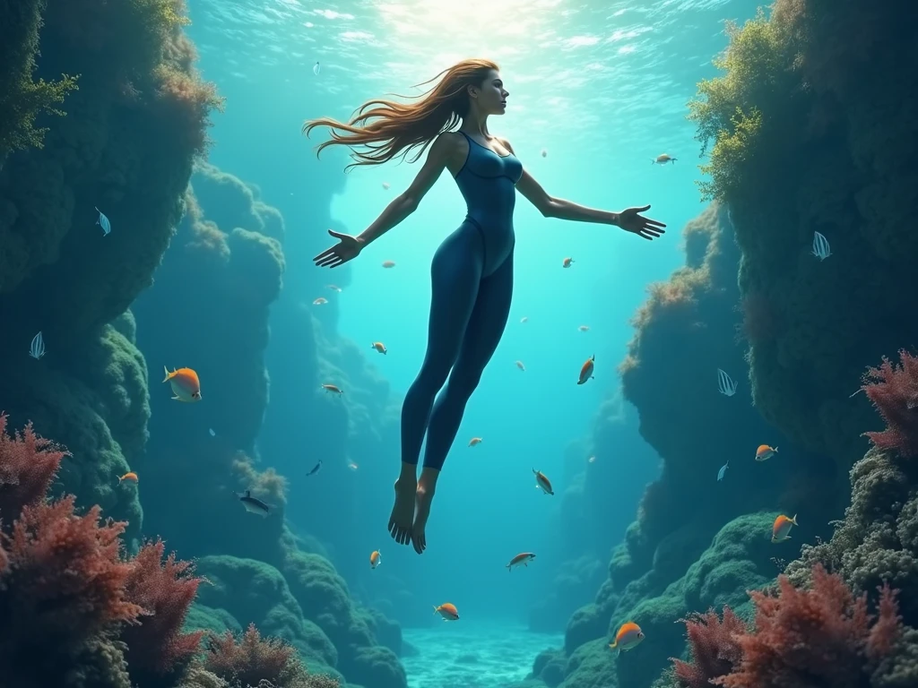 arafed woman in a bikini swimming in a deep blue ocean, floating under water, suspended underwater, floating in the ocean, swimming deep underwater, underwater perspective, bottom of ocean, underwater photography, middle of the ocean, in the deep, floating drowned, red sea, incredible depth, floating in water, bottom of the ocean, floating on the ocean