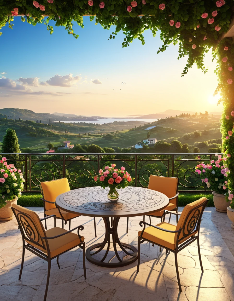  panoramic view of the patio with table ,  chairs and table with flowers , A beautiful place,  paradise in the background  , beautiful view , warm beautiful scene,  Beautiful and aesthetic , sunset time,  perfect landscape ,  beautiful and breathtaking sunset ,  incredibly beautiful , peaceful and peaceful , magnificent view,  stunning nature in the background , beautiful landscape, , летняя обстановка  realistic image , masterpiece,  artwork ,  hyperrealistic, rendering ,  realistic physical rendering ,  photorealistic rendering ,  highly detailed ,  high-quality render ,  architectural rendering ,  very realistic 3D render ,  realistic image 