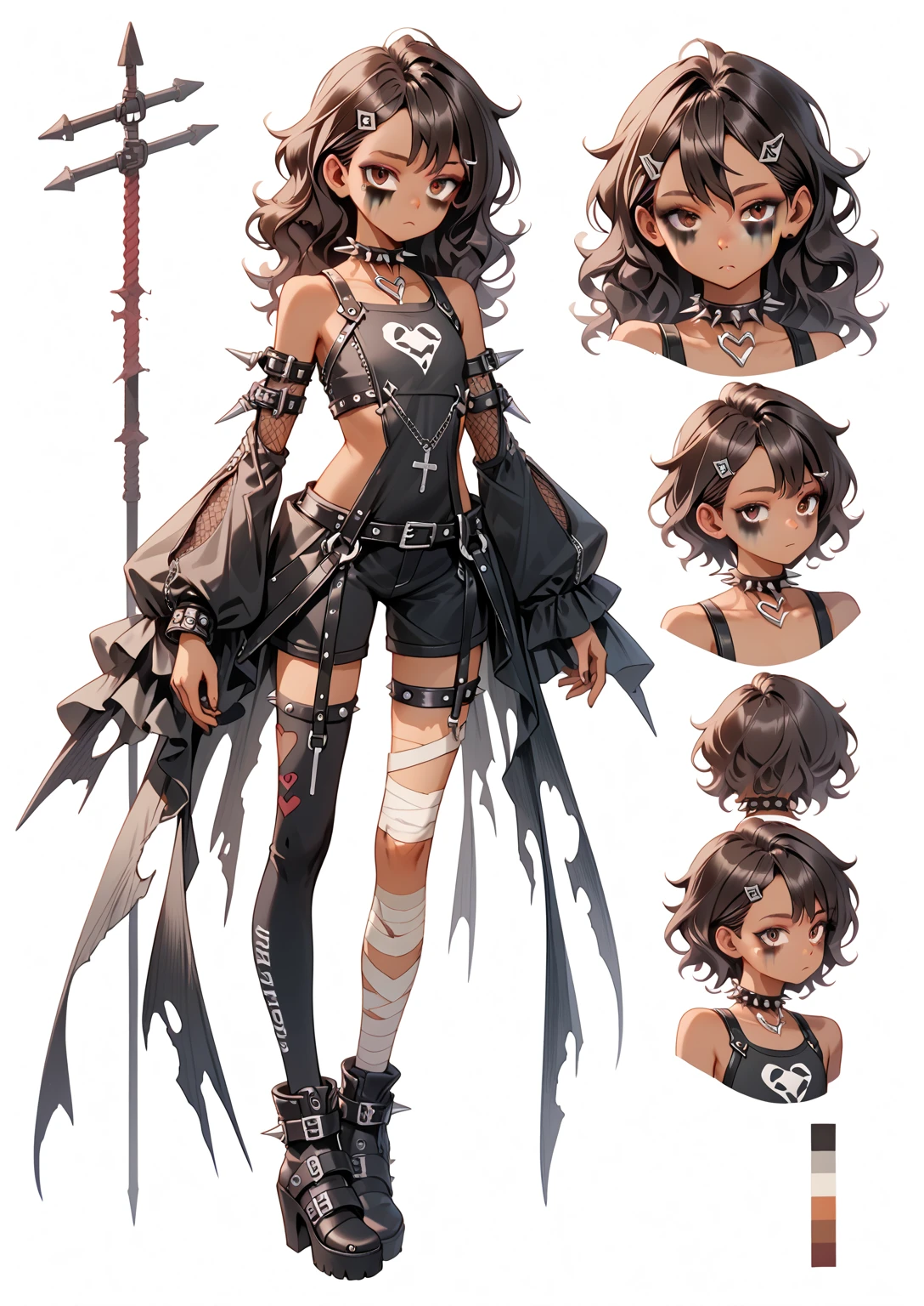 character sheet. clothing details, front view, back view. NSFW. dark skin ****, ((white) short wavy hair), flat chest, punk clothes, bodysuit, asymetrical clothes, dangling elements, complex pattern design, bitch, prostitute, smear makeup, detached sleeves, long sleeves, expressionless face, long legs, detailed clothes, bandages on leg, hanging clothes, asymetrical legwear, plataform heels, sexy, spikes choker, hanging straps, heart hair clip, masterpiece, best quality, uncensored
