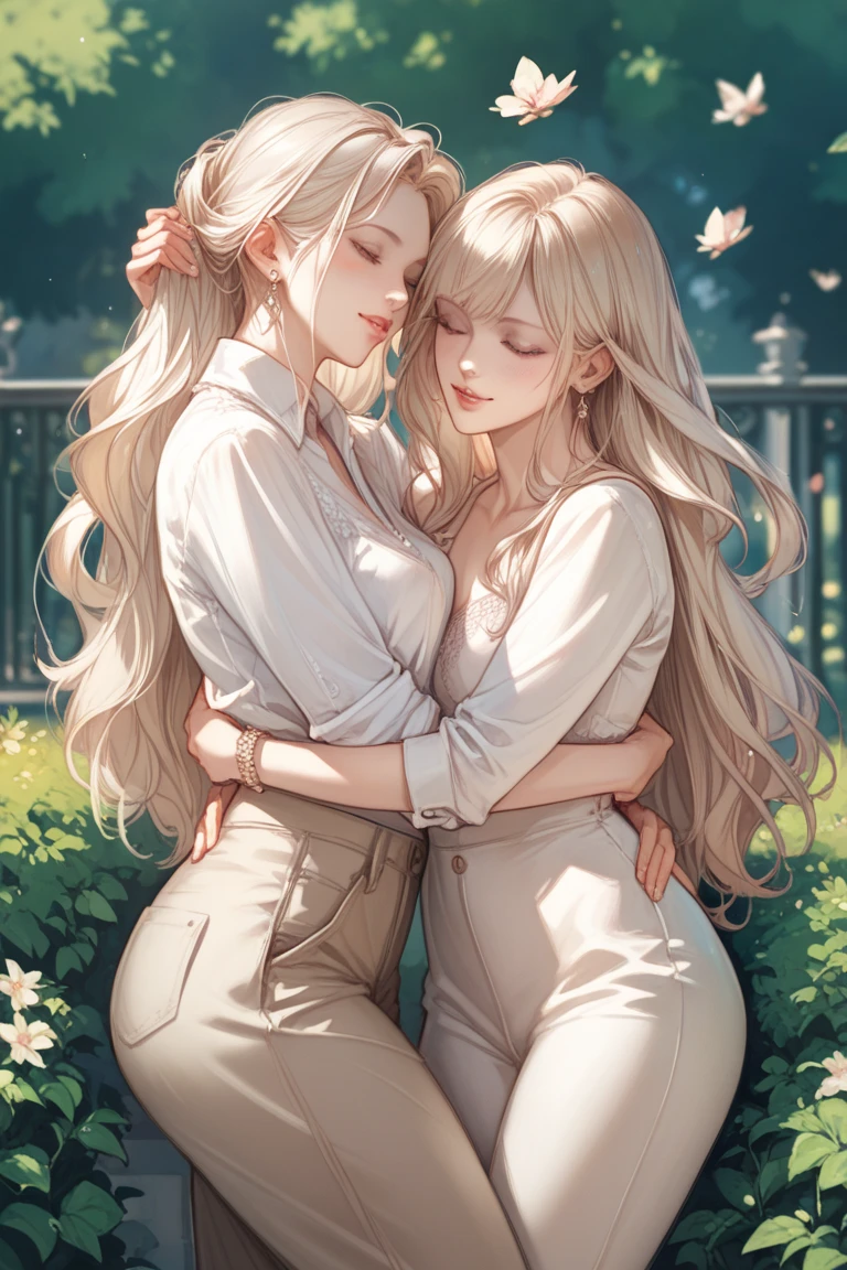 Two women with long hair, the first wearing a long-sleeved shirt and trousers, the other wearing a white dress, stood hugging each other in the park. 