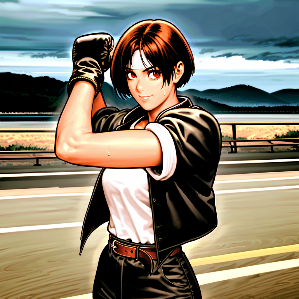  1 Woman , Alone,  shortcuts,  Bust, smile,  brown hair,  shirt, red eyes, Fingerless gloves, clavicle,  jacket, white  shirt, Short sleeve,  cowboy shooting, sweat, Outdoor,  open clothes , null, Daytime,  Black Gloves , belt, pants, cloud, open  jacket, blue null, ((black  jacket with rolled up arms)),  sideways with arms rolled up  , (white headband), black pants,  shirt hem, , (place:  by a small rocky river )