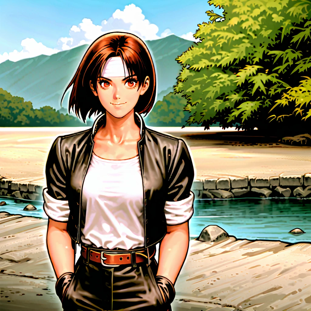  1 Woman , Alone,  shortcuts,  Bust, smile,  brown hair,  shirt, red eyes, Fingerless gloves, clavicle,  jacket, white  shirt, Short sleeve,  cowboy shooting, sweat, Outdoor,  open clothes , null, Daytime,  Black Gloves , belt, pants, cloud, open  jacket, blue null, ((black  jacket with rolled up arms)),  sideways with arms rolled up  , (white headband), black pants,  shirt hem, , (place:  by a small rocky river )